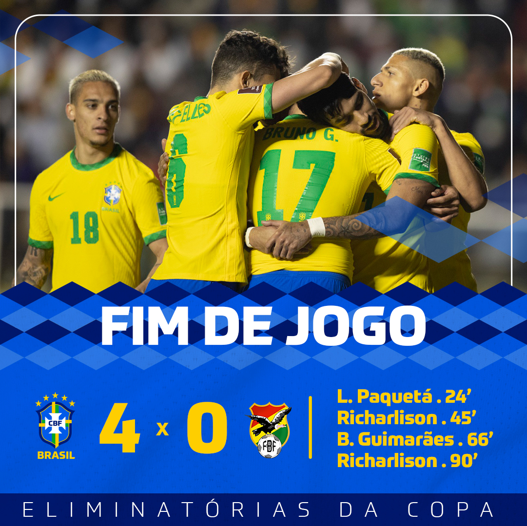 CBF Futebol on X: FIM DE JOGO! Brasil goleia novamente e garante a melhor  campanha da história das Eliminatórias. VALEU, BRASIL! ⚽️🇧🇷 🇧🇷 4x0 🇧🇴