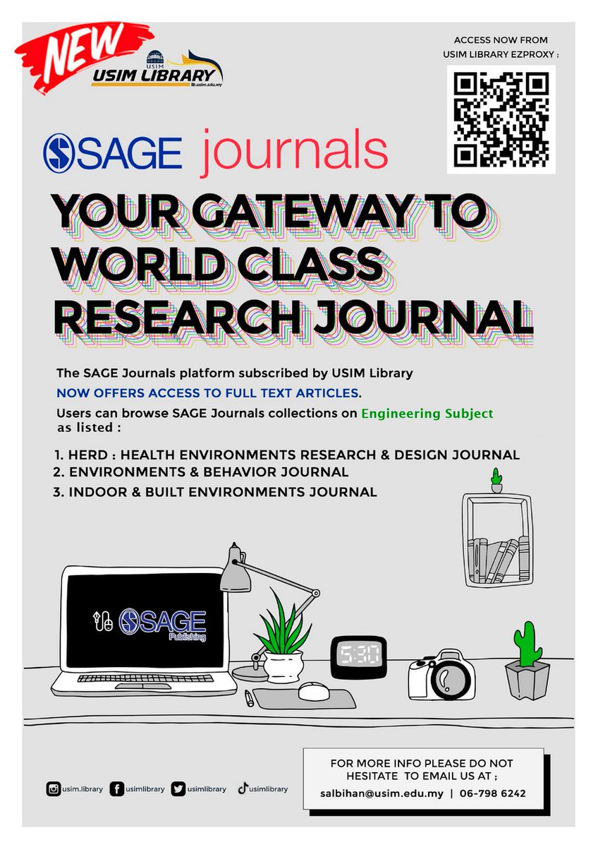 USIMLibrary's tweet photo. [NEW SUBSCRIBED DATABASE : SAGE PUBLISHING]

The new SAGE JOURNALS platform is now available at USIM Library

Access published content on Engineering Subject listed via EZProxy : 
https://t.co/Gwpj6F7vqz 

Access now SAGE Journals to explore more!

#usimlibrary 
#SAGEJournals https://t.co/tLjRgceSOg