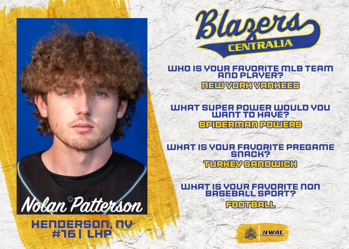 Tonight we meet #16 Nolan Patterson! “Patty” is a second year LHP who is committed to Ottawa University (KS) for next season who is originally from Nevada. 

He has been a big part of our bullpen this year:

12.2 IP
18 Ks
.553 ERA
.100 BAA

#BlazersOnTheRise⬆️