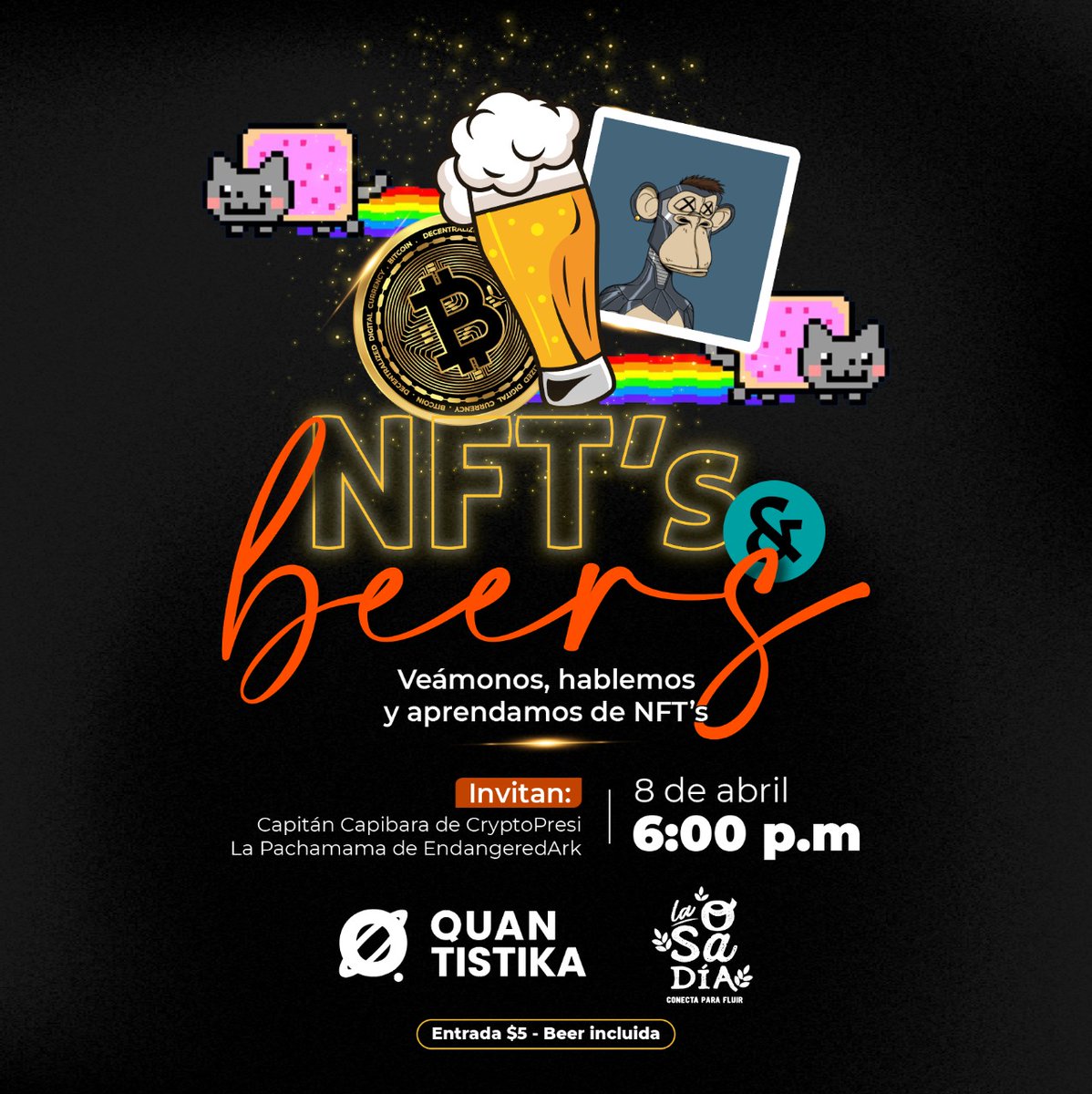 CryptoPresis's tweet image. Announcing our very first NFT Meetup!

Come join us to shoot the shit, drink beers &amp;amp; talk about NFTs!

Place: La Osadía Brewery in Bambú City Center, El Salvador
Date: April 8th
Time: 6:00pm

Cover: $5.00 (includes 1 beer)

@gbbymendez @simlabsio @BambuCityCenter