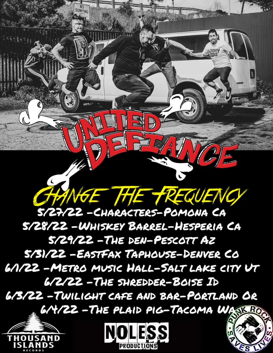 uniteddefiance's tweet photo. Here we go again!
 Really stoked for this run

#uniteddefiance
#thousandislandrecords
#punkrocksaveslives
#punkrocktours
#nolessproductions
#punkrock
#ontheroadagain
#Changethefrequency
#livemusic 
#DIYpunkrock https://t.co/UlFGRhi5uB