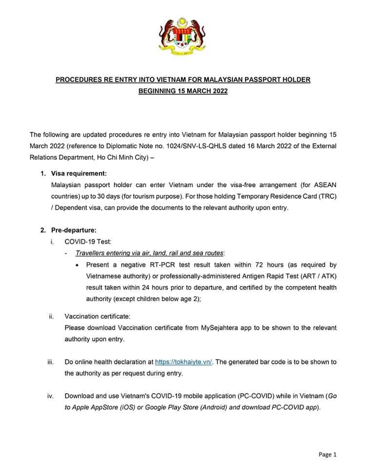 MYCGHCMC's tweet photo. ANNOUNCEMENT: Entry Procedure into Vietnam (for Malaysian Passport Holder), updated as of 29 March 2022. 

As for entry requirements into Malaysia for Vietnamese Passport Holder or dependents, the Consulate General is finalising the details. Will update in due course. https://t.co/ScENl7TSHf