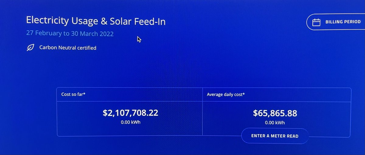 Thertrius's tweet photo. @AGLAustralia setting a new benchmark for inflation. 2 person home. Last month $89.78. This month $2,107,708.22. 

Can someone please resolve this $2m problem today or does AGL like to cause stress for it’s customers? https://t.co/S7AOv4bRuH