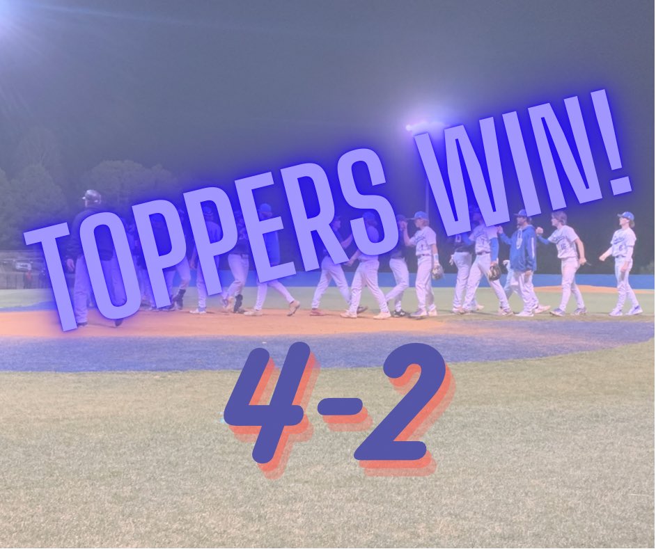 BaseballRSC's tweet photo. Varsity Toppers take East 4-2. @triplettgeorge1 pitches almost 7 full innings, striking out 6 and @HaydenW1881 coming in to close the game out in 6 pitches. @austinbailey_21 @WLOS_13 @Chris_Womack @WNCSports https://t.co/tucVVQDtE2