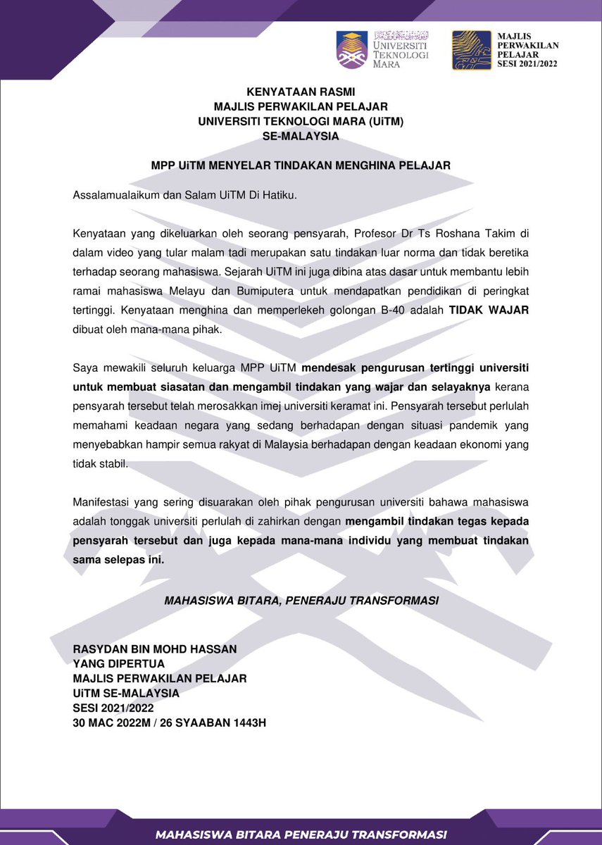 css_fbmuitm's tweet photo. Assalamualaikum,
Salam Sejahtera, 

KENYATAAN RASMI YDP MPP UiTM SE-MALAYSIA 21/22 MENGENAI ISSUE MENGHINA PELAJAR 

Terima Kasih. https://t.co/N4m9nC46ZF