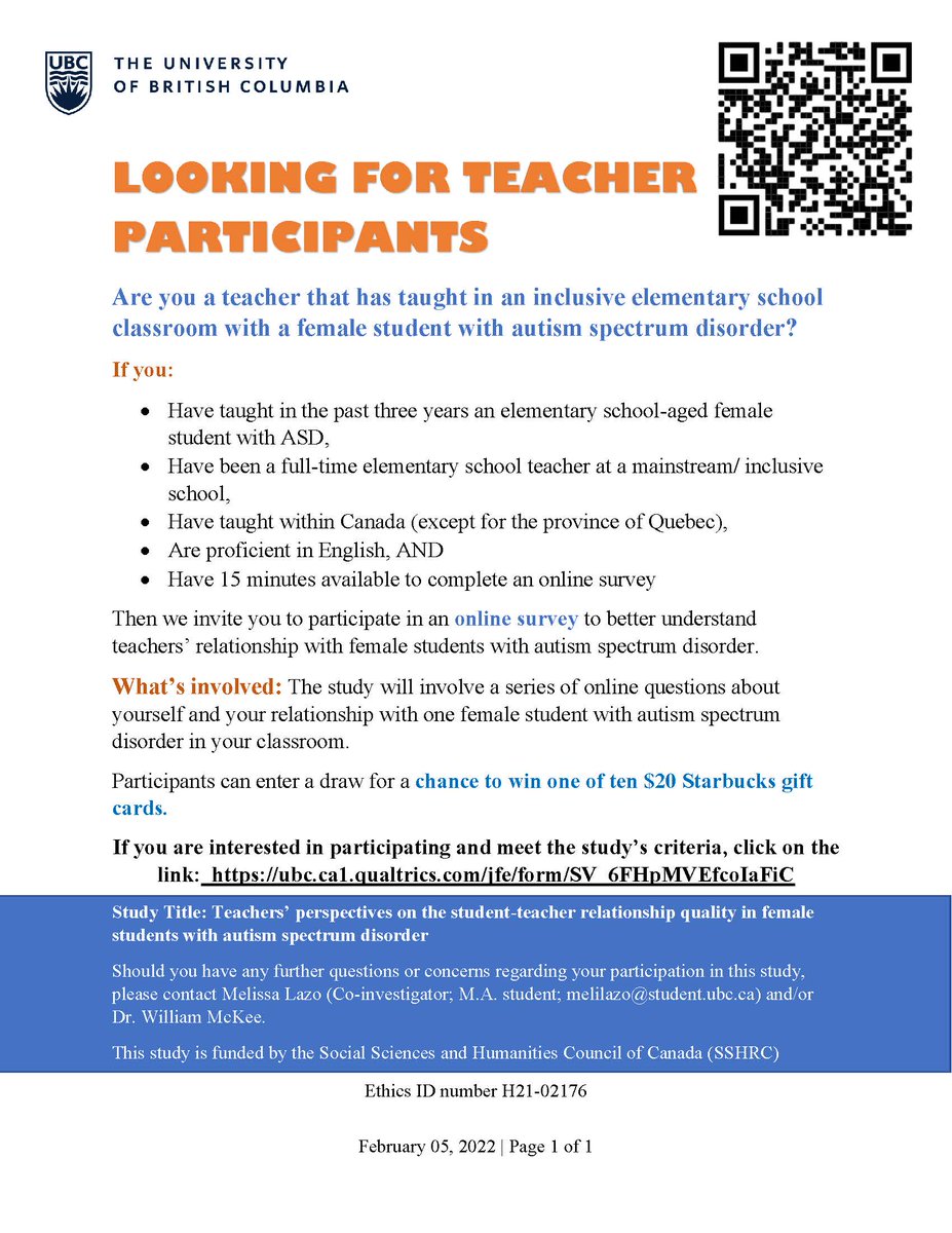 ASERTuofc's tweet photo. New study looking at elementary school teachers' perspectives on the student-teacher relationship with their female  students on the autism spectrum. Please consider participating if you meet the criteria, or pass the information along! https://t.co/MIzMCv2MWE