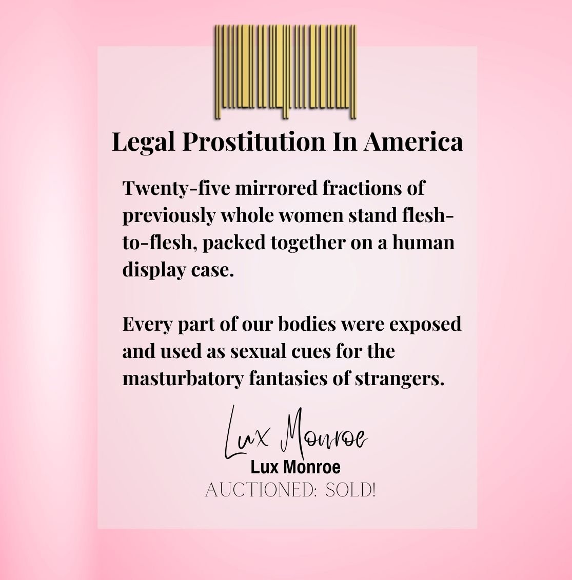 AuctionedSold's tweet photo. Auctioned: Sold!” is the world’s FIRST NFT Memoir/Tell-All to hit the blockchain. Auctioned: Sold! provides first-hand insight &amp; examination of legal prostitution in America. A collection of 777 NFT works with unlockable content that includes a 98k+ word book.

#NFT #WomenInNFTs https://t.co/WLG8YObwi0