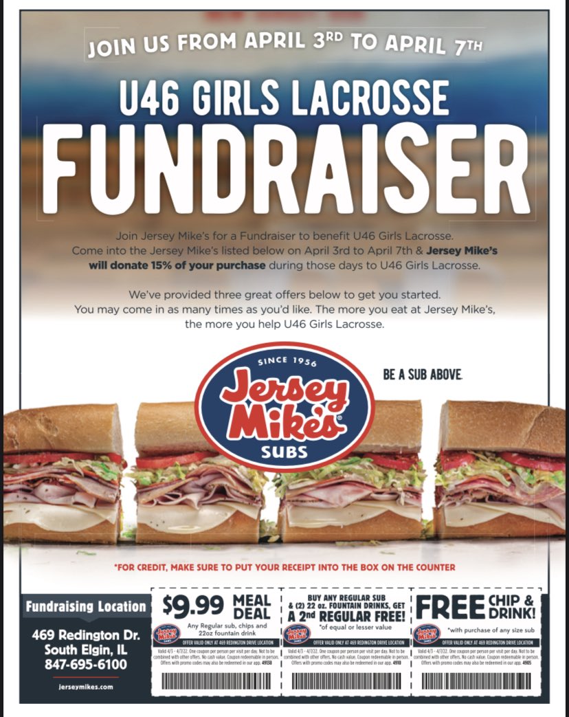 u46girlslax's tweet photo. No one wants to cook after Spring Break. Plan to use these coupons and Eat out to support U-46 Girls Lax #JerseyMikes #NoCookMonday #SEHS #BHS #SHS https://t.co/EbFa4A6HFI