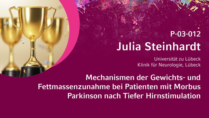 dpg_akbont's tweet photo. Herzlichen Glückwunsch an Julia Steinhardt! Mit ihrem Poster „Mechanismen der Gewichts-und Fettmassenzunahme bei Patienten mit #MorbusParkinson nach Tiefer Hirnstimulation“ konnte sie die dritte Postersitzung für sich entscheiden konnte. 

Weitere Infos: https://t.co/UXtQqzpFVL https://t.co/fcIkovWfrP
