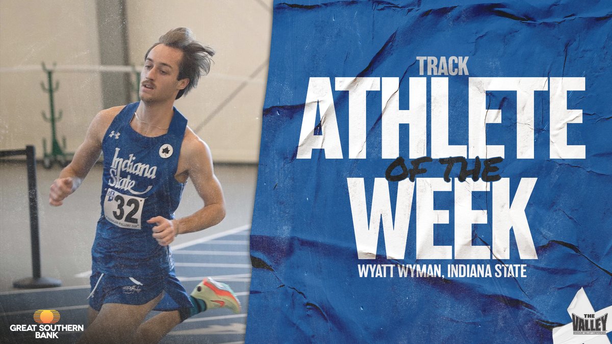 MVCsports's tweet photo. Men's Track Athlete of the Week ⫸  Wyatt Wyman, @IndStXCTF 

▪️ Placed third at the Ole Miss Classic with a time of 1:50:35
▪️ His run puts him in 7th place in Indiana State history and 16th in the NCAA

Great Southern Bank | #TheValleyRunsDeep https://t.co/3ti0chsO8G