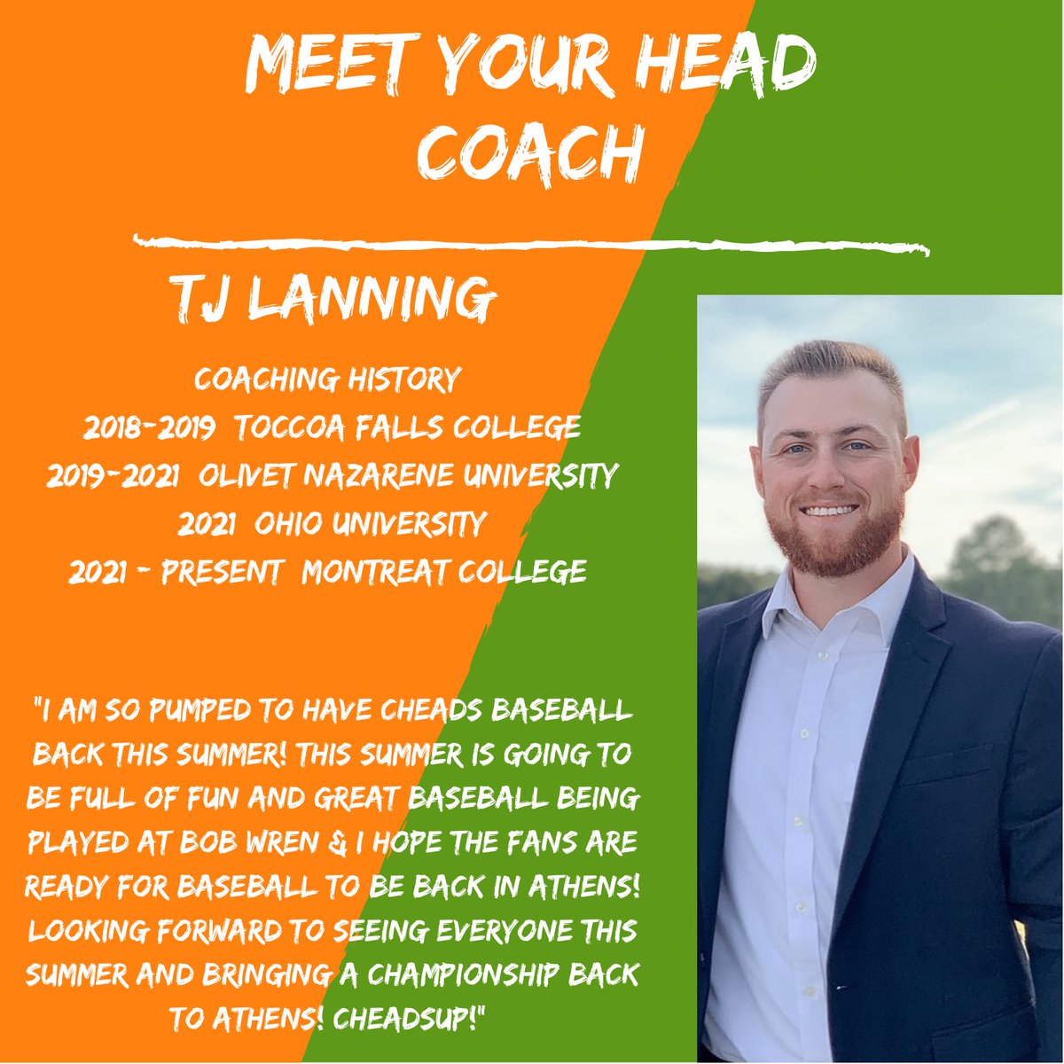 ⚾️ Please welcome your 2022 Southern Ohio Copperheads Head Coach, TJ Lanning!

TJ is currently the head JV coach &amp; assistant varsity coach at Montreat College &amp; we are SO pumped to have him this summer! 🔥

Welcome to the Copperheads, coach! 🐍

#COMMUNITYownedSTUDENToperated