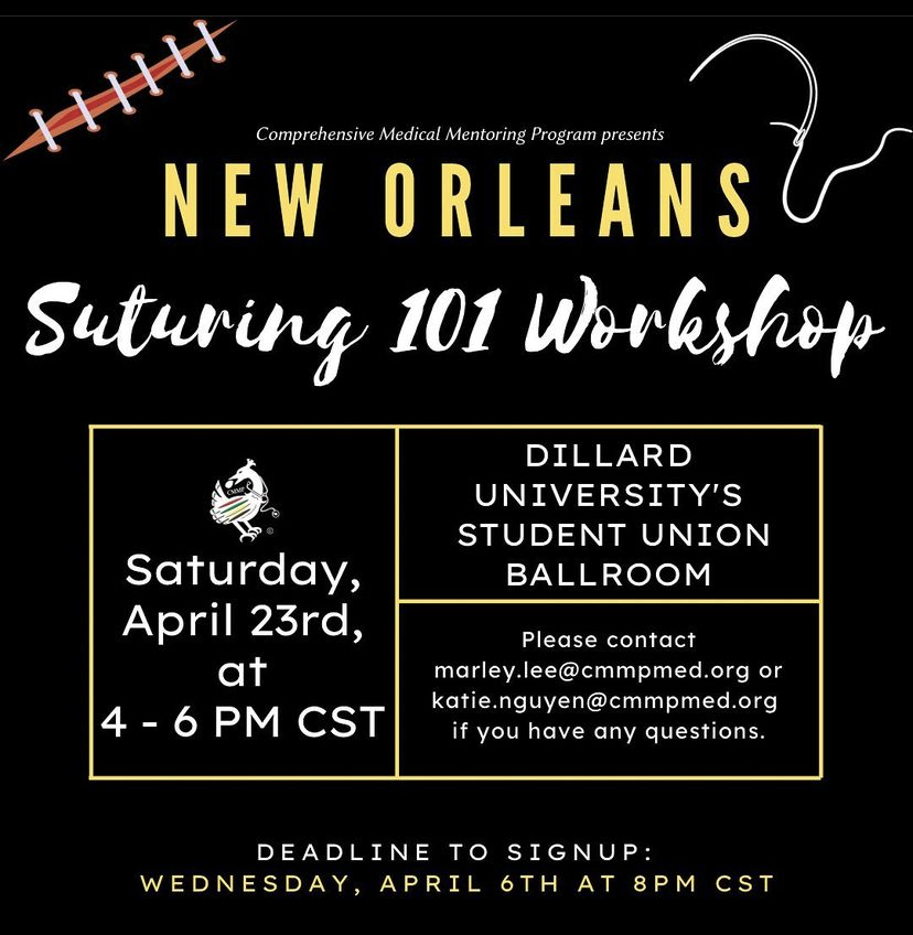 DUPreHealth's tweet photo. @MAPS_DILLARD @Dillard_UC @DU_2025  @Dillard2023 @BleuDevilsDAB @du1869 @cmmpmed  We're the host site for the New Orleans area CMMP Suturing 101 Workshop on Saturday, April 23rd! RSVP via https://t.co/vZrB8Jc0u4.  Spots are limited! https://t.co/sIfBIEbLGr