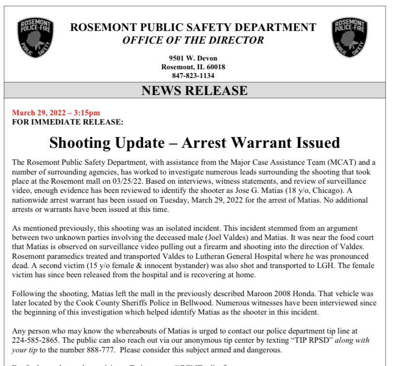 RSMTpolicefire's tweet photo. 🚨Mall Shooting Update🚨
03/29/22 @ 3:15pm

Arrest Warrant Issued - see official statement. https://t.co/yUjH7m7lnR