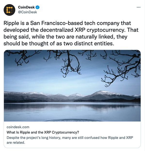 CoinDesk's tweet photo. CORRECTION: $XRP predated @Ripple's formation, though they were founded by the same people. As now prominently noted in this explainer for the crypto-curious, @SECGov claims the coin is an unregistered security the firm sold in violation of federal law. https://t.co/eq6KJTU7Rd https://t.co/AYke8oNsJ9