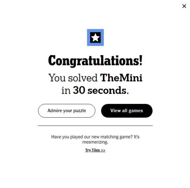 Waltbryn's tweet photo. Making my grandpa proud. Completed the @nytimes mini crossword in 30 seconds. https://t.co/Zw20WmFKwU