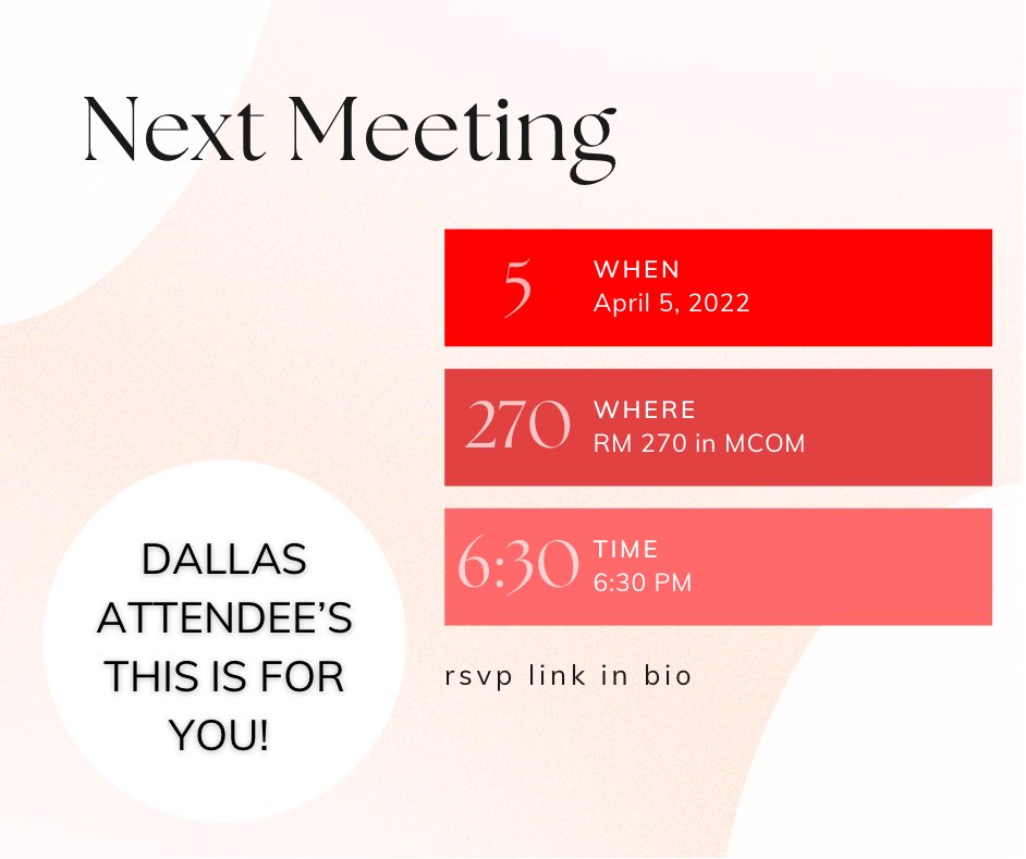 TexasTechPRSSA's tweet photo. Dallas attendees this is for you! Come to our next meeting on April 5, at 6:30 pm. We’ll go over Dallas details, answer any questions you have and give out forms you’ll be needing for the trip. Link in bio, as always! https://t.co/bhp6EUvbkX