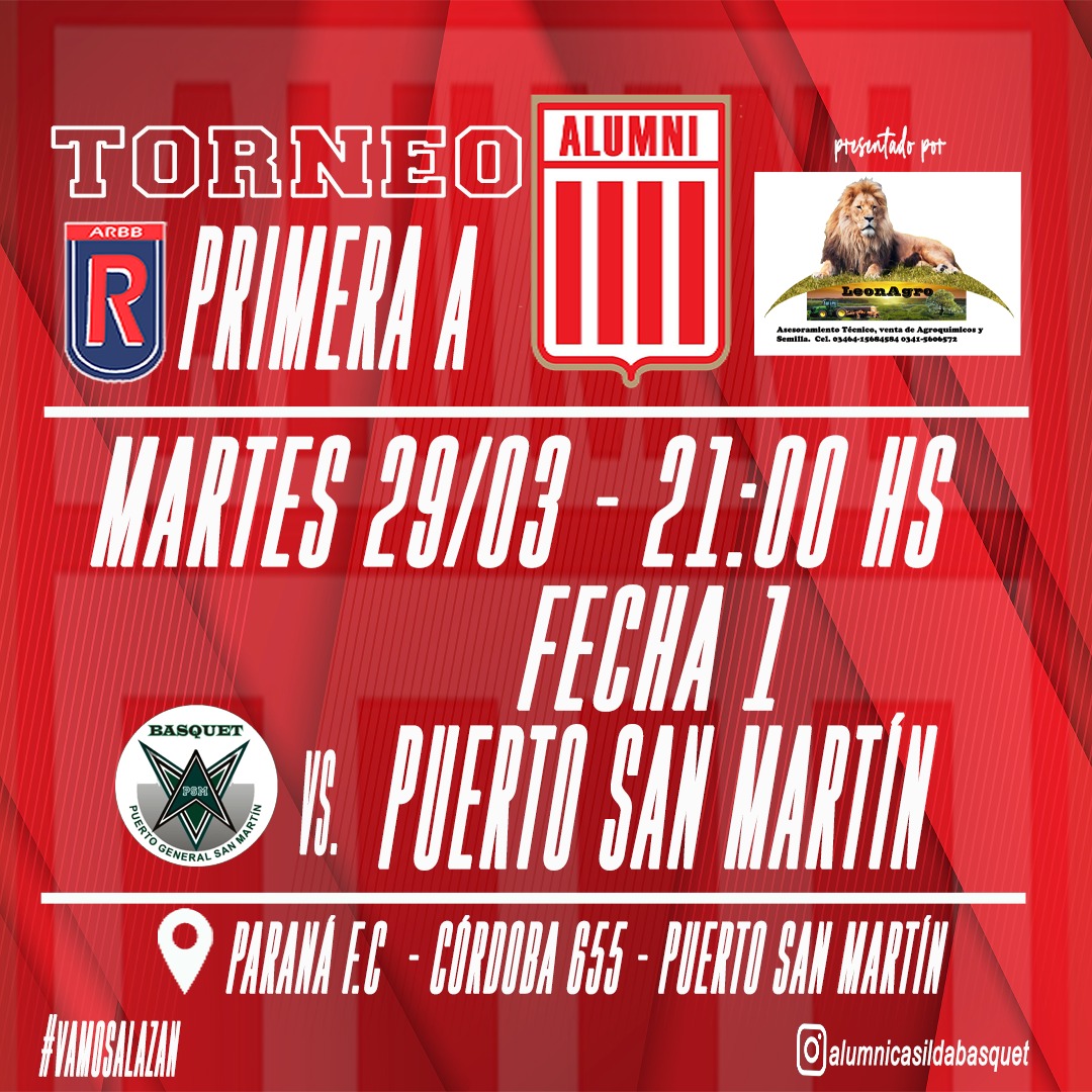 Alumni de gira

MUNIC.PUERTO SAN MARTIN 
🆚️
ALUMNI de Casilda

🏆 Rosarina PRIMERA A
Fecha 1️⃣
📅 Martes 29/3
🕥 21:00 hs
🏟 VISITANTE

#vamosalazan⚪🔴⚪