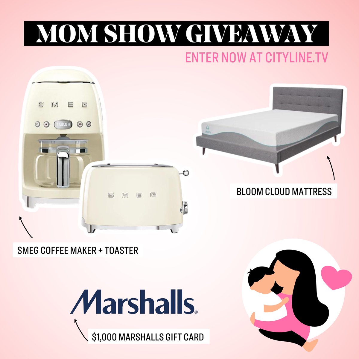 Cityline's tweet photo. The love from today’s #MomShow with guests
@catandnat keeps on spreading 💕
You could win:
• @marshallscanada gift card ($1,000 value)
• @SleepCountryCan Bloom Cloud Mattress ($1,600 value)
• @chaptersindigo Smeg Coffee Maker + Toaster ($663 value)
Good luck! ⬇️ https://t.co/QwOlYgJPd3