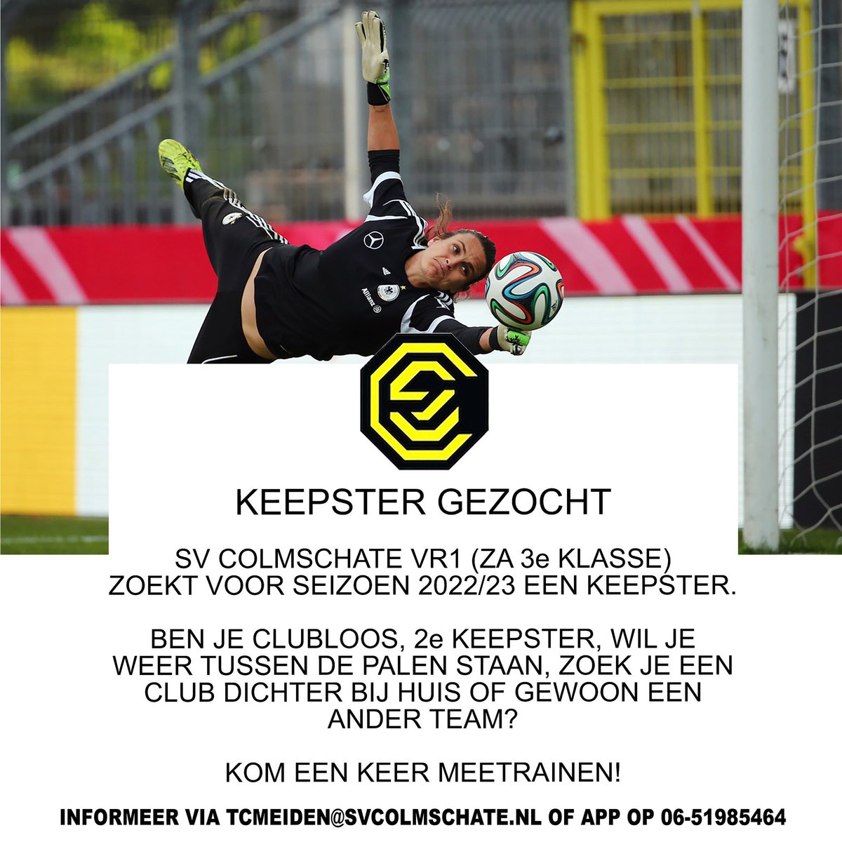 SVCVR1ZA's tweet photo. VR1 is voor seizoen 22/23 op zoek naar een keepster! #keepergezocht #keepstergezocht
#transfer #vrouwenvoetbal #deventer @Transfermarktnu https://t.co/QkXwG21D85