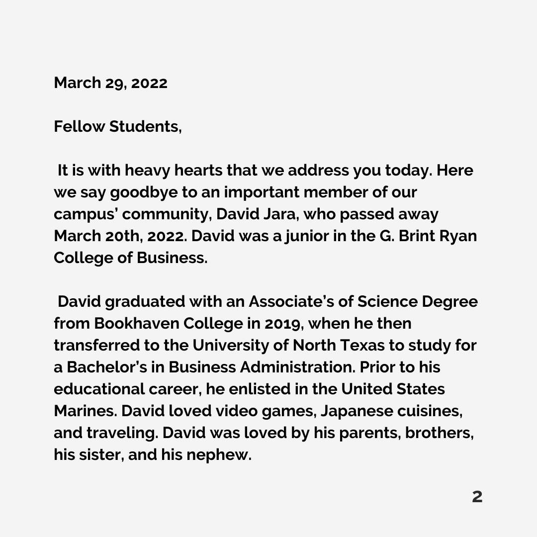 UNTSGA's tweet photo. ⚠️trigger warning - death⚠️ 

A letter from the Student Government Association regarding the passing of one of our students, David Jara. https://t.co/NYilnm5B8u
