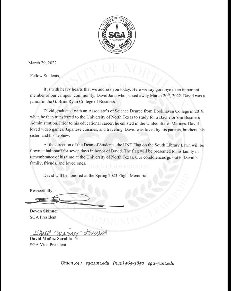 UNTSGA's tweet photo. ⚠️trigger warning - death⚠️ 

A letter from the Student Government Association regarding the passing of one of our students, David Jara. https://t.co/NYilnm5B8u
