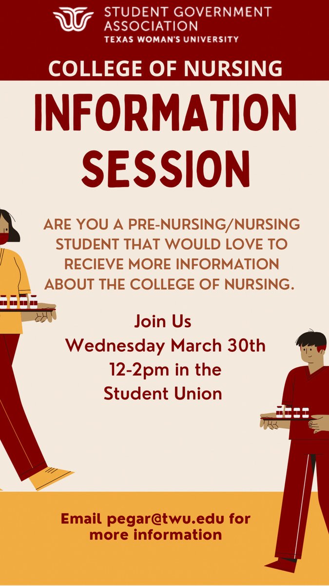 Are you a nursing major or interested in becoming one. Join us tomorrow for and information session. It is from 12-2pm in the student union.