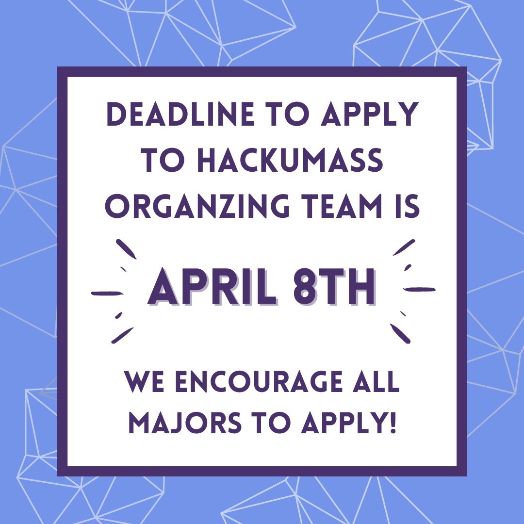 A reminder that the HackUMass X Organizing Team Applications are out! We encourage everyone to apply regardless of their major and experience levels. The deadline is April 8th! Apply at this link: forms.gle/98d68wfzeRgCPu…