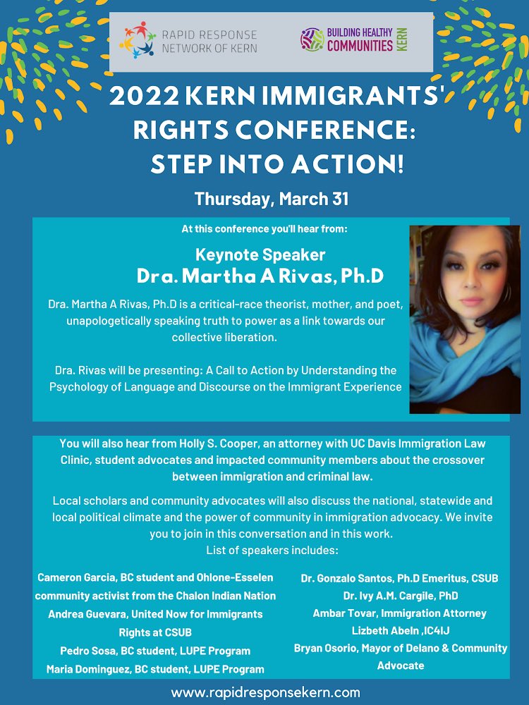 We’re excited to present our Keynote Speaker, Dra. Martha A. Rivas and the amazing lineup of local scholars, student advocates, community advocates, and attorneys that will be presenting at our 2022 Kern Immigrants Rights Conference!🙌🏽
#immigrantsrights #advocacymatters