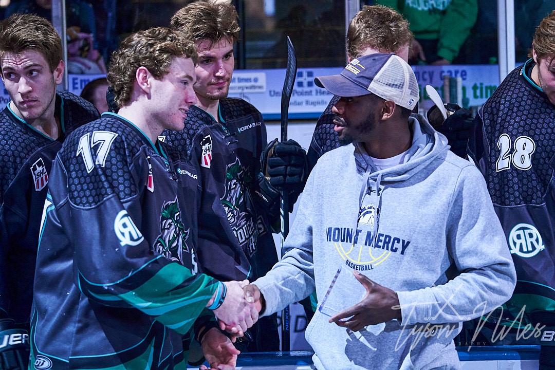 MountMercy's tweet photo. Our very own RoyShawn Webb was honored as a difference maker in the community during last Saturday night’s @RidertownUSA game.

RoyShawn has excelled both on the court and in the classroom during his time on the Hill. 

📸: @TysonNilesPhoto https://t.co/ooGO9fBXS9