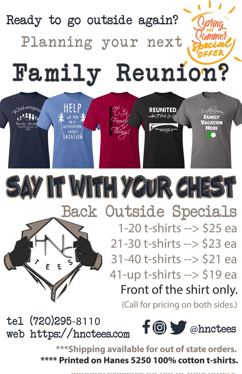 hnctees's tweet photo. Let's get back outside! Spring /Summer sale https://t.co/Fhvjuk8mRH
#familyreunion #tshirts #tshirtshop #tshirtprinting #letsgetbackoutside #hnctees #Familylove #FamilyMeeting #FamilyTherapy #FamilyBusiness https://t.co/8AnFfH2Jtr