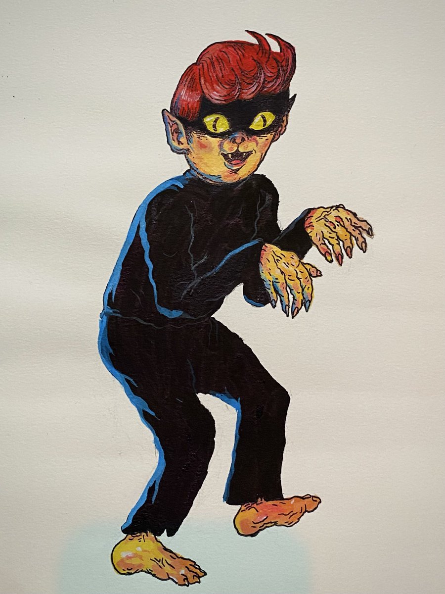 VideoV0mit's tweet photo. Some @slimyswampghost original paintings! These are from 2016 I wanna say. He painted the Kazuo Umezu character Cat Eyed Boy for me and threw in a wonderful bulbous headed creature! https://t.co/qFlDdHSGt4
