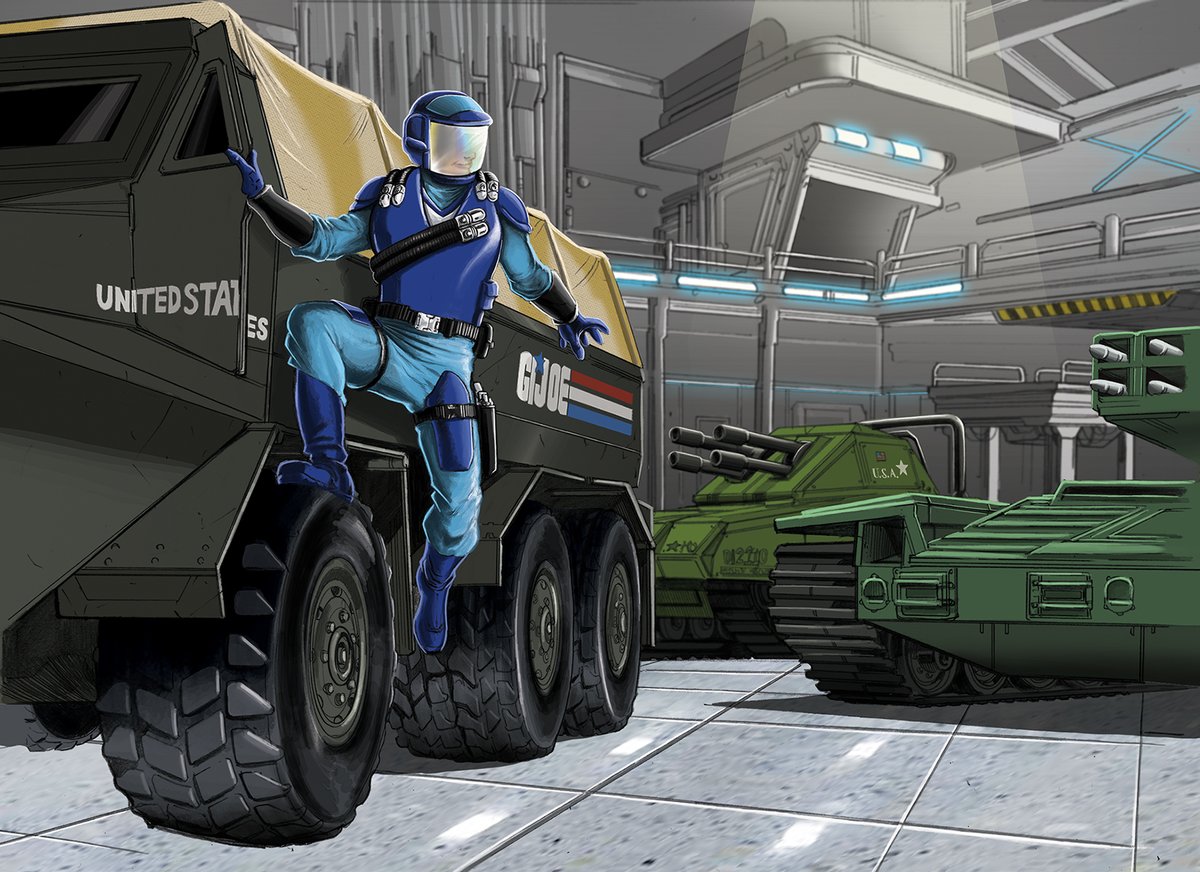 AdamRichesArt's tweet photo. Available now from @PlayRenegade is the #GIJoe RPG Core Rulebook! Feat. a killer collab with my friend @RobertAtkinsArt (RA-pencils AR-colors) on this piece, of a Cobra Motor Viper infiltrating Joe HQ! 
Grab yourself a copy here: https://t.co/QXFVlX9KyP Yo Joe! https://t.co/JsQH9TK9LN