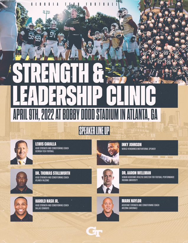 GeorgiaTechFB's tweet photo. STRENGTH &amp; LEADERSHIP 💪

Registration is filling up QUICKLY. Don’t miss out on this huge opportunity!!!! 

🔗: https://t.co/NrRdrnuE8a

#4the404 /// @LewisCaralla https://t.co/H05zIzdQT3