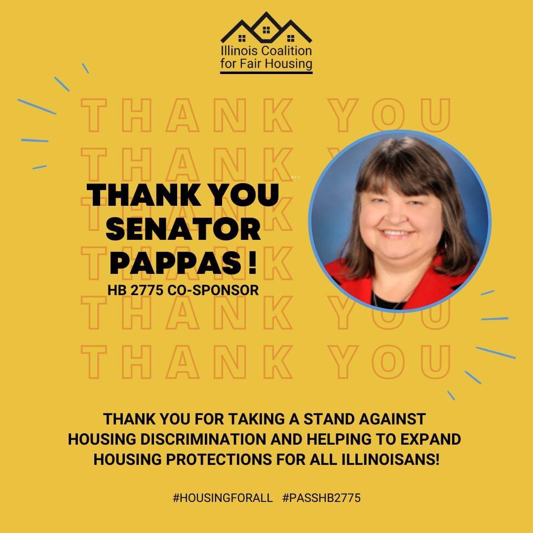 CAFHA's tweet image. Thank you Senator Diane Pappas for adding your name to the list of co-sponsoring Senators who believe that #SourceOfIncome discrimination should be a thing of the past! Let’s #PassHB2775 ! 
#HousingForAll