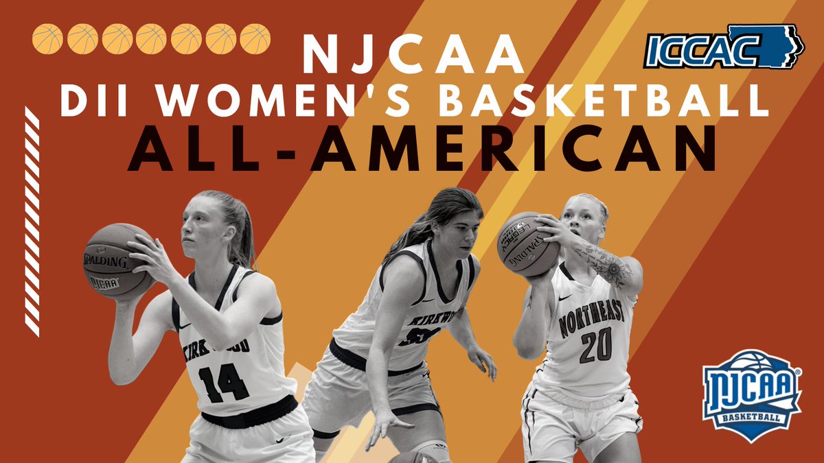 NJCAA ALL-AMERICAN
DII WBB🏀
2⃣0⃣2⃣1⃣-2⃣2⃣

Three ICCAC WBB selected to the All-American team.

Ashley Tull and Kortney Drake of Kirkwood received First Team honors. Ashley Hassett of Northeast was a Third Team pick.

🔗bit.ly/3DjkGLE
🗒️bit.ly/36BX6Ok

#NJCAAWBB