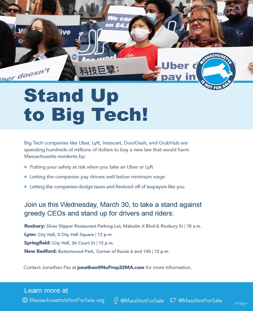 Massnotforsale's tweet photo. Across MA, app-based drivers and MA residents are calling out #BigTech’s ballot question as exploitative, discriminatory and deceptive. We deserve better.
Join us TOMORROW at actions in Roxbury, Springfield, Lynn, and New Bedford to speak out against the ballot question! #mapoli https://t.co/fVMTereAGU