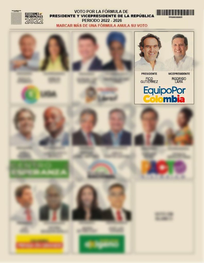 Este 29 de mayo vamos a unirnos para cuidar la democracia. Así quedó el tarjetón. Vota por mí, Fico Gutiérrez y Rodrigo Lara, mi fórmula vicepresidencial, juntos vamos a defender las libertades. 🇨🇴🇨🇴🗳 #FicoPresidente