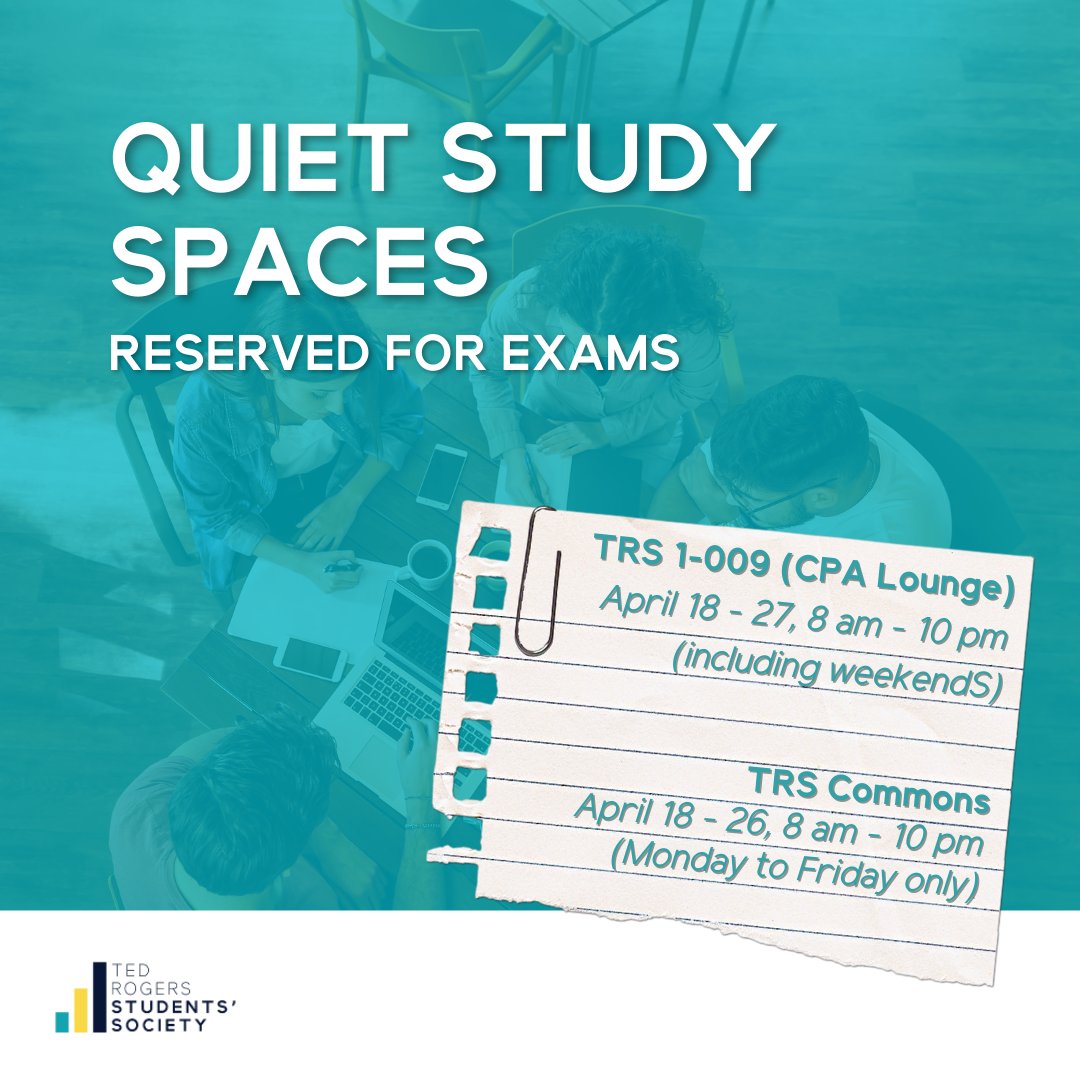 Are you getting ready for exams? With exam season approaching, TRSM facilities reserved 2 spaces for "Quiet Study Hours" for students. 📚✍️

Information for times/dates/location for Exam study space will be on the digital way-finding screens daily for easy reference!