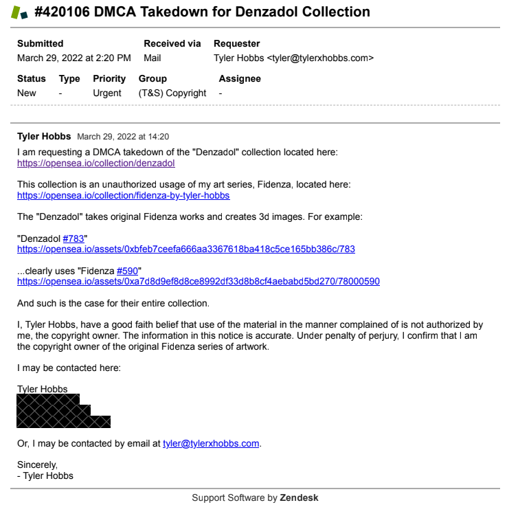 denzadol's tweet photo. This morning !denzadol was hit with a DMCA from @tylerxhobbs and the collection removed from Opensea. 

I am working on a response as I squarely believe this falls well within fair use. This will take a bit to work through, apologies to all those affected. https://t.co/Zw8F4ZZR3T