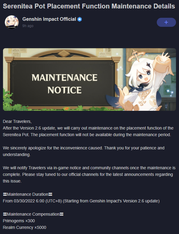 SaveYourPrimos's tweet photo. The Serenitea Pot has also started "Placement Function Maintenance."

Compensation will be 300 x Primos + 5000 x Realm Currency.

This should be in addition to the 300 from 2.6 maintenance + 300 from bug fixes, bringing the total to 900 Primos post-maintenance. https://t.co/lFY7QKPQWx
