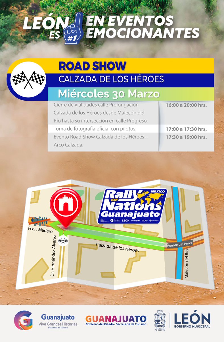 turismo_leon's tweet photo. 🛑 AVISO IMPORTANTE 📢
Como parte de las actividades del @RallyMexico, el miércoles 3️⃣0️⃣ de marzo se llevará a cabo el cierre de vialidades.
👉Toma tus precauciones y utiliza vías alternas🙌 https://t.co/7bevwOpWAa