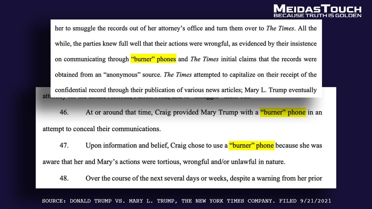 Donald Trump said in a statement today, 'I have no idea what a burner phone is, to the best of my knowledge I have never even heard the term.' Yet in his lawsuit against his @MaryLTrump and the NY Times, he used the term 'burner phone' at least 3 times.