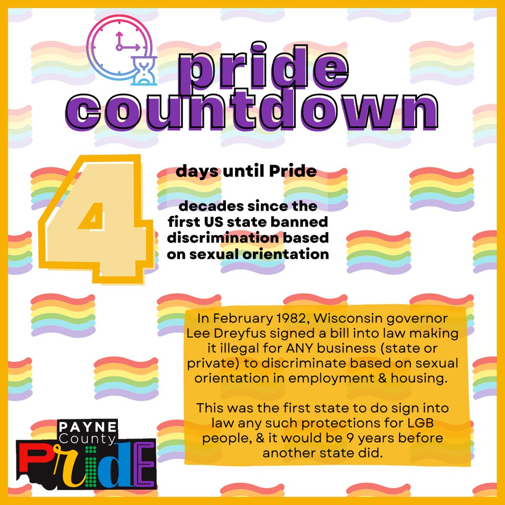PayneCoPride's tweet photo. 4 days until pride &amp; 4 decades since the first discrimination protections were passed by a US state! Learn more here &amp; at the Payne County Pride Parade &amp; Festival April 2!
#stillwaterok #paynecopride #okstate #visitstillwater https://t.co/QABxnxpQbD
