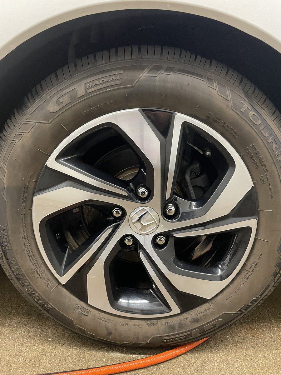 aharder779's tweet photo. You wouldn’t know this, but this is actually a perfectly clean tire. Your tires are dyed black to meet eye tests. And to properly apply tire dressing they all should look like before so the dressing actually soaks in and creates a deep black look #carcleaningtips https://t.co/L4RiDWeUxG