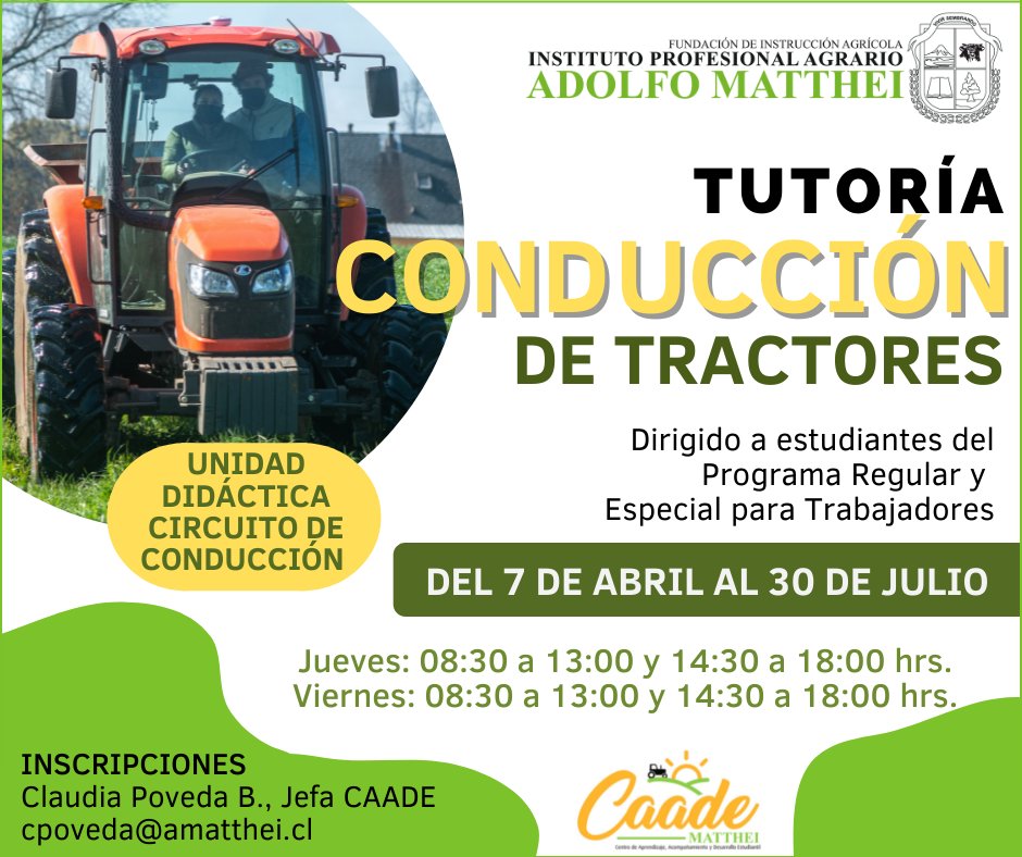 ipaamatthei's tweet photo. ¿Eres alumno del @ipaamatthei y tienes ganas de aprender a conducir un #tractor o refrescar conocimientos en manejo de #maquinaria #agrícola?
Inscríbete #Ahora en la Tutoría que organizó el #CAADE para estudiantes del #programaregular y #especialparatrabajadores del #ipaam https://t.co/9hAmBRaWJp