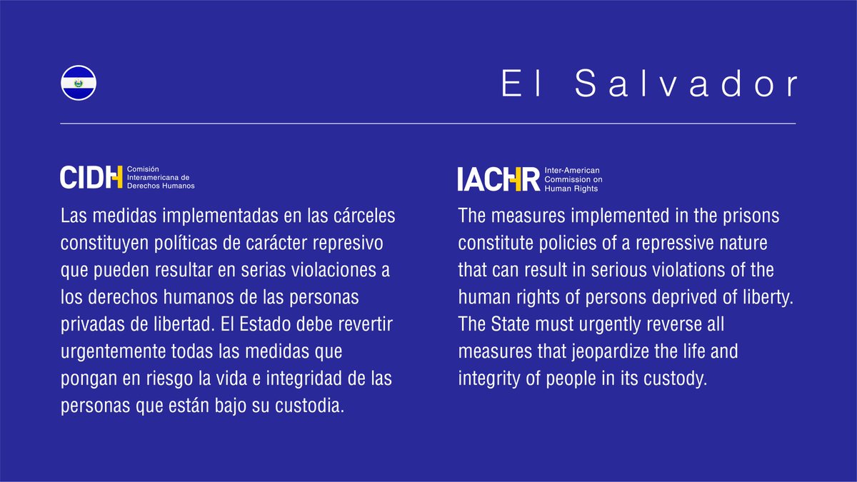 CIDH's tweet photo. #ElSalvador 🇸🇻 #CIDH expresa preocupación por solicitud del Presidente de decretar emergencia máxima en #cárceles, el #27marzo; y el anuncio sobre que las #PersonasPrivadasDeLibertad permanecen en encierro 24 horas con alimentos reducidos y despojadas de sus colchonetas. https://t.co/DXLEARPSii