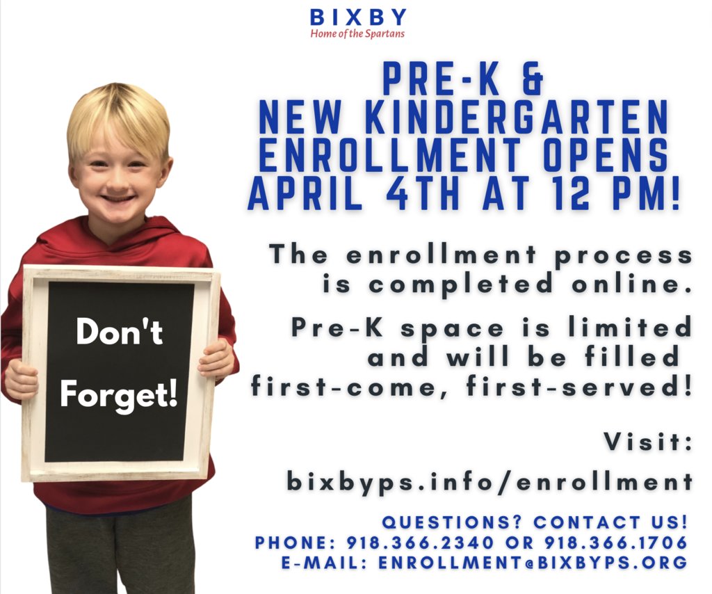 Are you a future Spartan entering Pre-K or Kindergarten in August?!

Enrollment opens on Monday, April 4th at noon for all incoming Pre-K and new to Bixby Kinder students!

See here for details: bixbyps.org/article/667515