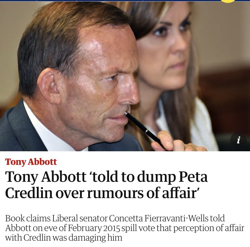 DarylTractor's tweet photo. A reminder from Laura Tingle that Concetta Fierravanti-Wells also made one other useful contribution - to Niki Savva’s book: 

“Rightly or wrongly, the perception is that you are sleeping with your chief of staff,” she told Tony Abbott re Peta Credlin affair rumours. https://t.co/dDXtAcrvhB