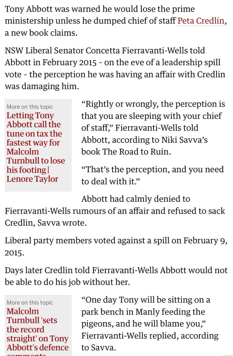 DarylTractor's tweet photo. A reminder from Laura Tingle that Concetta Fierravanti-Wells also made one other useful contribution - to Niki Savva’s book: 

“Rightly or wrongly, the perception is that you are sleeping with your chief of staff,” she told Tony Abbott re Peta Credlin affair rumours. https://t.co/dDXtAcrvhB