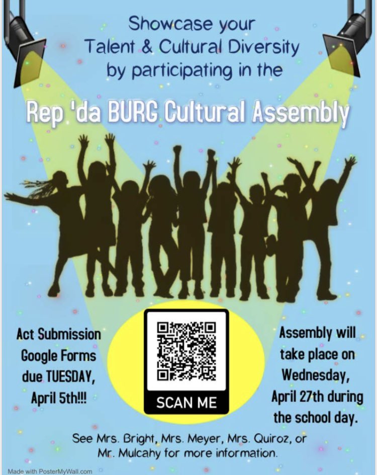 It’s back!!! Calling all talented <a href="/Cburg_Coyotes/">Clarksburg HS 🐺</a> for the Rep ‘da Burg Cultural Assembly!!! Register using the QR code in the flyer. #coyotepride.